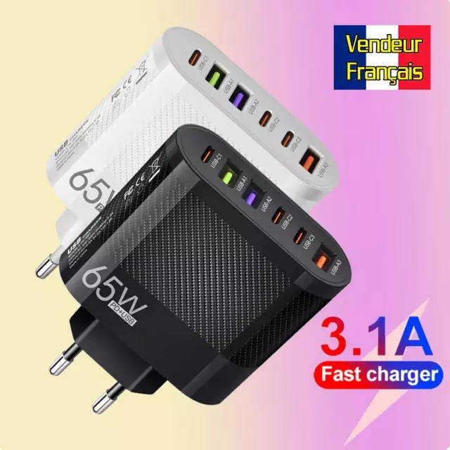 ✅ Chargeur Rapide Pour Téléphone - QC 3.0 - 3 USB/3 USB-C - 3.1A/65W - 6 In 1