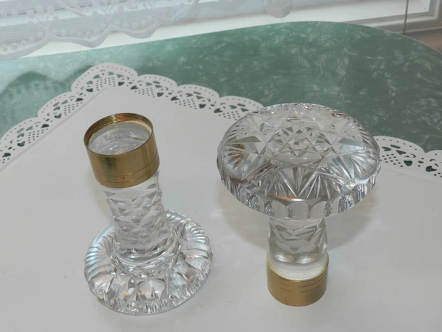 Vtg Huge Heavy Cut Glass Hobstar Finial Newel Post Knob ? Threaded Brass Large ?