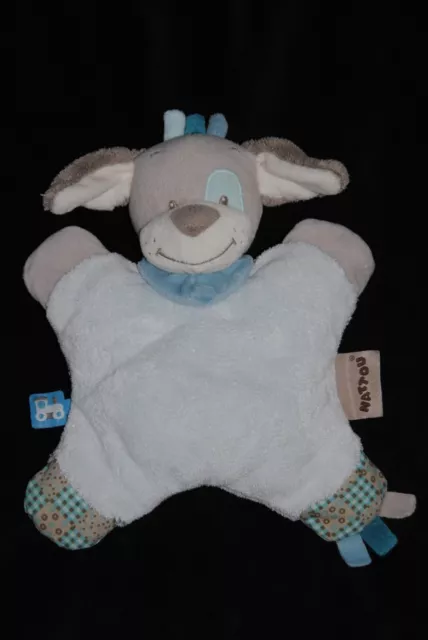 Peluche doudou chien gris turquoise NATTOU semi plat Cyril et Gaston hochet TTBE