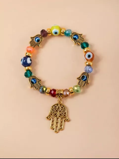 Hamsa Hand Evil Eye Bracelet With Random Color Crystal Beads String