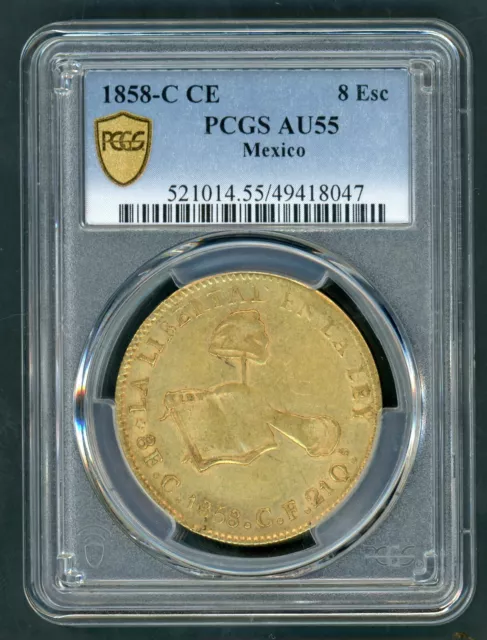 Mexico Republic 8 Escudos 1858-C Ce Gold Coin Pcgs Au55 (Ak20)