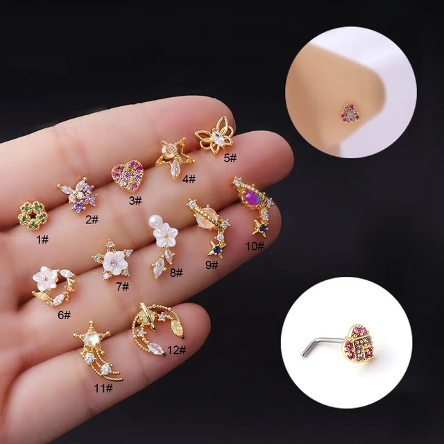 Anello Naso Fiore Cristallo Forma L Acciaio Inox Cz Cuore Naso E S.D.B.