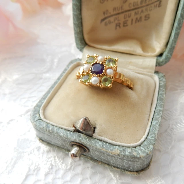 Pretty Sterling Silver Vermeil Peridot Pearl & Amethyst Ring