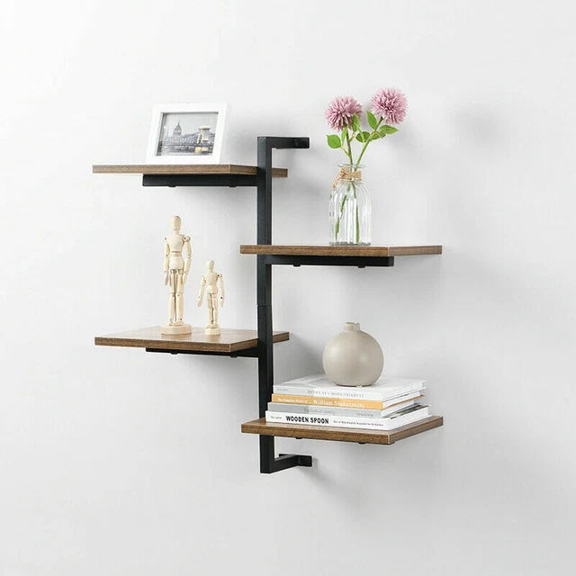 Floating Wall Mounted Display Shelf 4 Tier  Wooden Shelves Black Frame Shelving