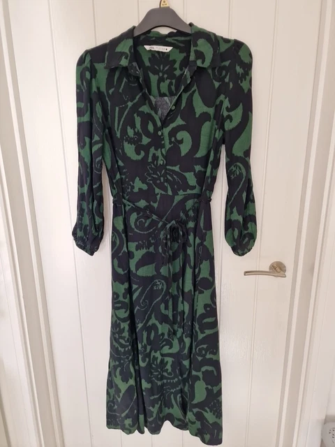 ZARA GREEN BLACK Print Marilyn Belted MIDI Shirt Dress Size S UK 10 39.00  - PicClick UK