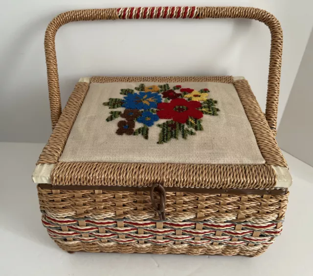 vintage woven wicker sewing basket embroidered lid Designed by Penney’s