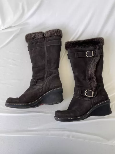 Baretraps Tall Womens Wedge Catchy Winter Zip Buckle Faux Fur BrownSuede 10 Boot