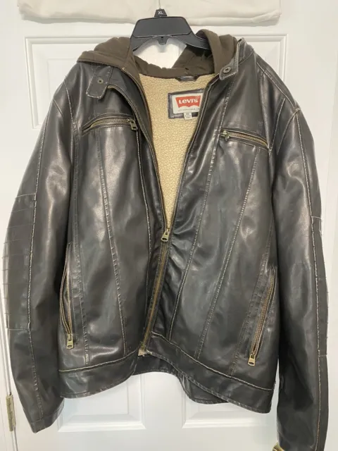 Levi's Zip Hoodie Faux Leather Black Jacket Men's XL Dark Brown Sherpa Lined