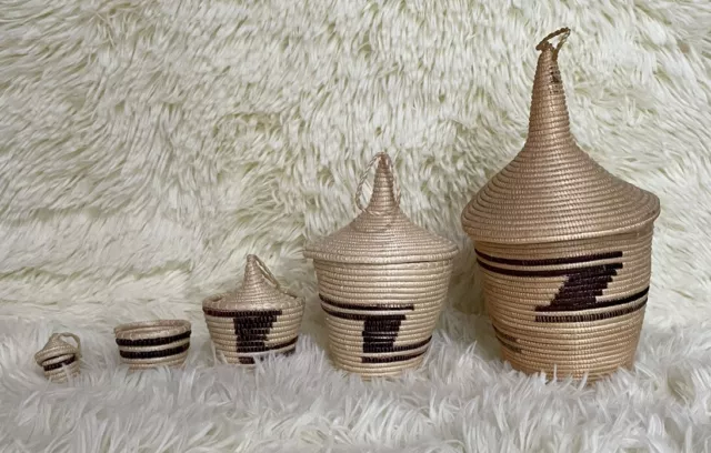 Rwandan Tutsi Nesting Basket set/5 Tallest 8" Smallest 2" EUC Brown Ivory