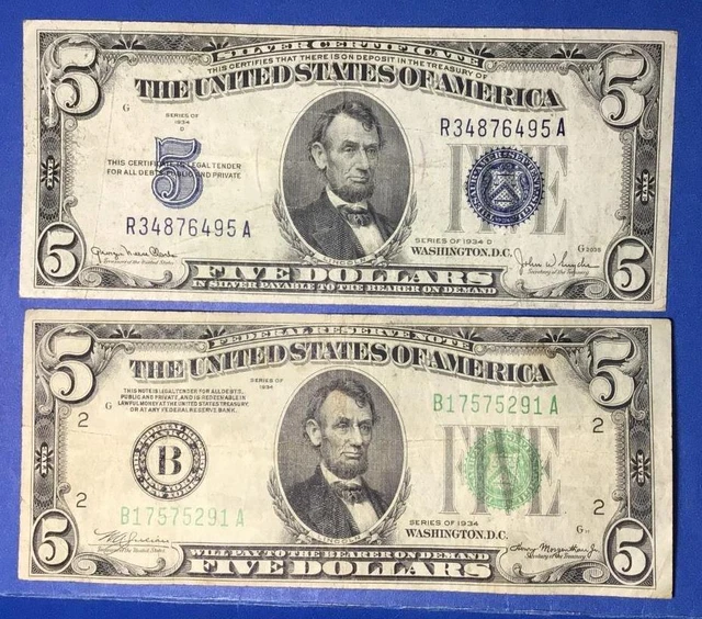 1934D $5 Blue SILVER Certificate & 1934 $5 Green "BIG B" New York! X6495 FINE!