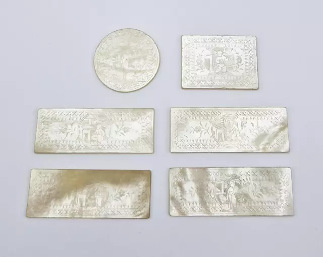 6x CHINESE ENGRAVED MOTHER OF PEARL GAMING COUNTERS / TOKENS 19th Century