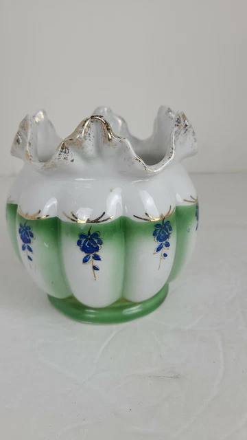 Handpainted Ceramic Ruffle Edge Rose Bowl W/ Blue Roses