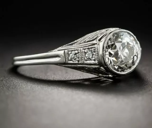 Old European Cut Lab-Created Diamond Art Deco Style Milgrain Bezel Ring Silver