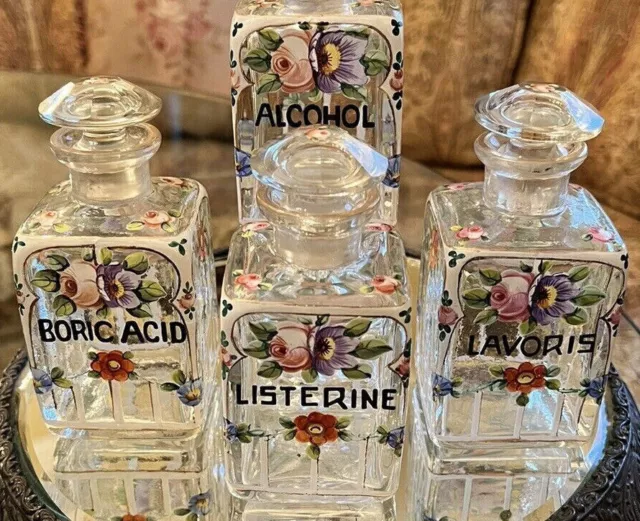 Vintage Vanity Set 4 Glass Enameled Bathroom Toilet Bottles Apothecary Jar Cut
