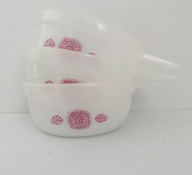 Vintage Agee Crown Pyrex 3x Ramekin Spanish Sunflower Purple Pink Milk Glass