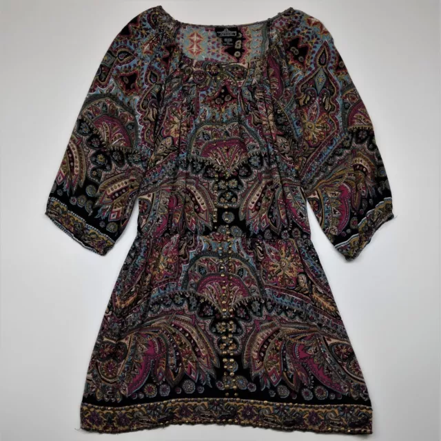 Angie Dress Womens Large Multicolor Paisley Metal Sequins Boho Festival Beach