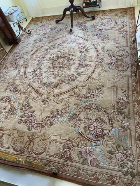 9' X 12'6" Chinese Aubusson Savonierre Wool Thick Pile Pink Roses Floral Rug