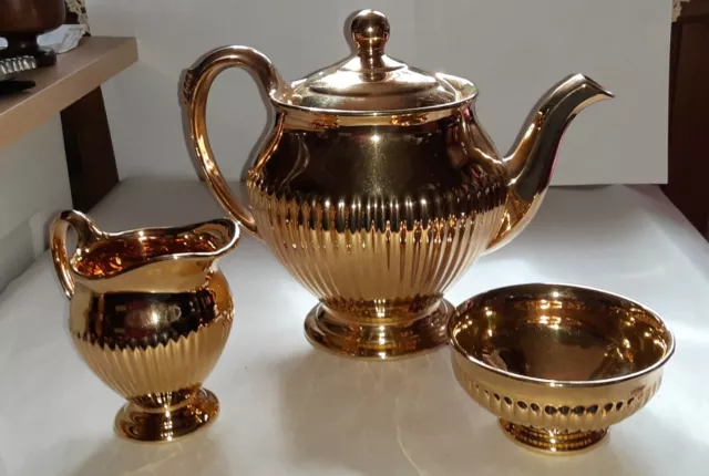 Royal Winton Golden Age Teapot, Creamer and Open Sugar Bowl (Ribbed) England