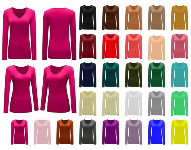 New Ladies Women  Long Sleeve Stretch Plain V Neck T Shirt Top Size 8-26