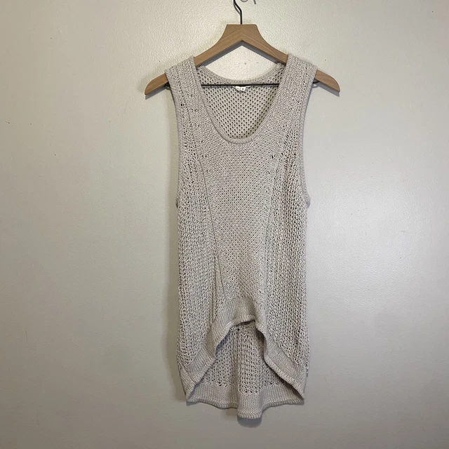 HELMUT LANG Tank Top Tunic Hi-Low Yarn Knit Sheer Crochet Gray Small