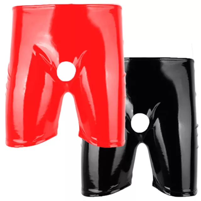 Mens Sexy Front Open Hole Shiny Casual PVC Leather Pants Male Latex Boxer Shorts