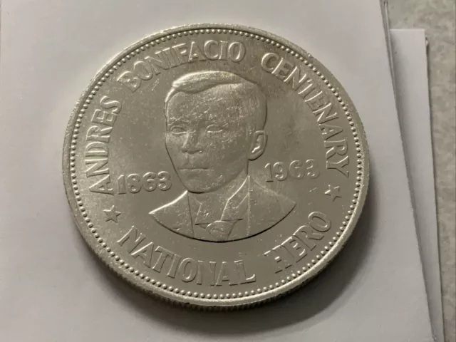 1963 Philippines One Peso Unc - Silver Andres Bonifacio Hero