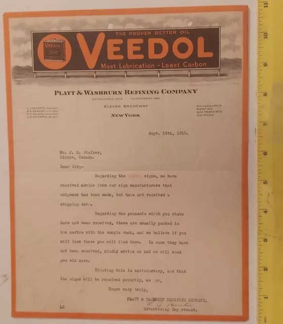 Rare 1915 "Veedol - The Proven Motor Oil" Colourful Letterhead - Used (New York)