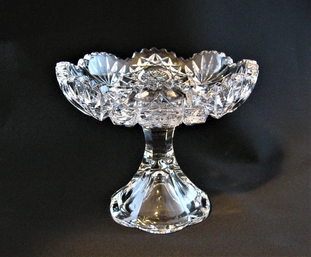 Small 5" American Brilliant Period Cut Glass COMPOTE Hobstar & Fan Antique ABP