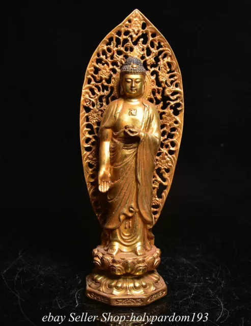 10.4" Old Tibet Bronze Gilt Shakyamuni Amitabha Buddha Backlight Statue