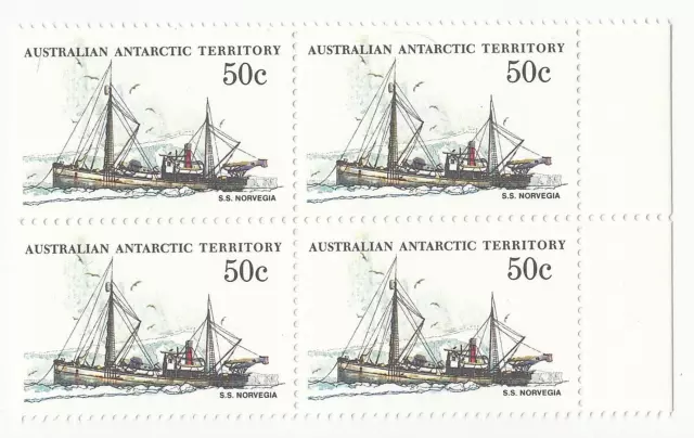 1979-1982 AAT ANTARCTIC SHIPS - SS NORVEGIO - MNH EDGE BLOCK of 4 x 50c STAMPS