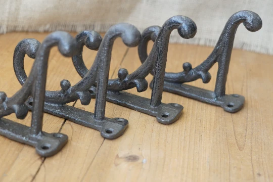 4 Brown Rustic Coat Hooks Antique Style Cast Iron 4.5" Wall Double Restoration ! 2
