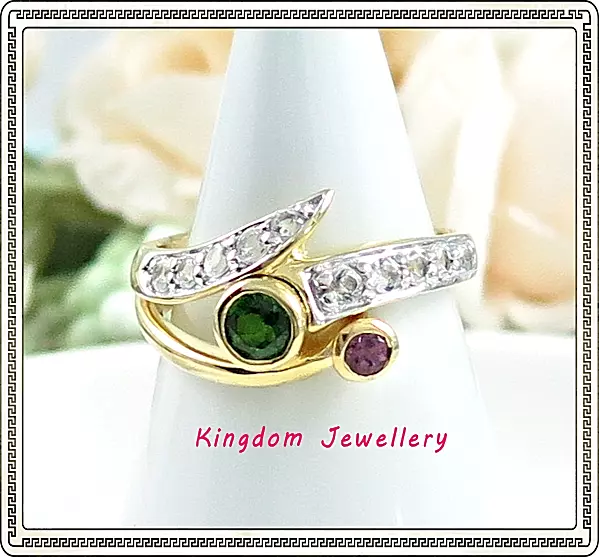 Solid 925 Sterling Silver(GP) Chrome Diopside, Garnet, White Topaz Gemstone Ring