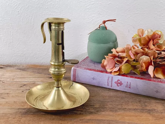 Antique 19th Century English Brass Push-Up Chamberstick | Vintage Candle Holder