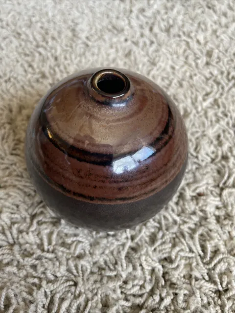 Vintage OMC Otagiri Japan Pottery Bud Vase Round Spherical Raku Style 4”