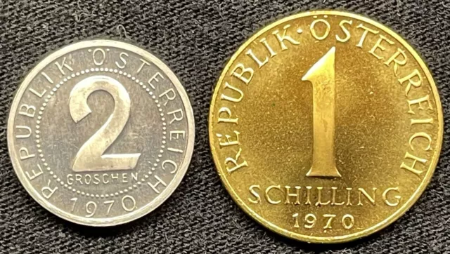 (2) 1970 Austria 1 Schilling & 2 Groschen Proof Coin Set