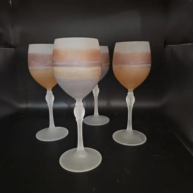 Unusual, frosted set of 4 vintage Crystal wine glasses with marbled effect.