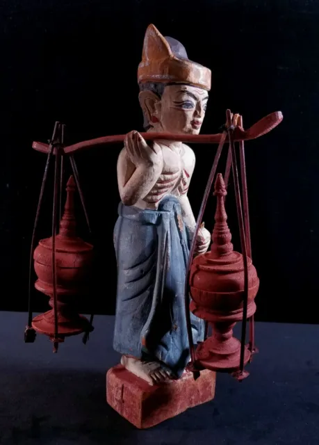 Vintage Burma Myanmar Hand Carved & Painted Wood Male Figure W Grain Baskets 12"