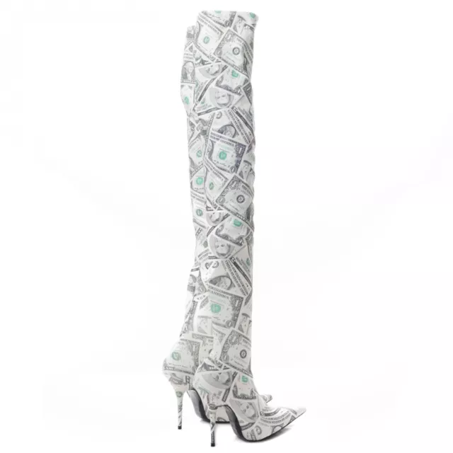 BALENCIAGA White Knife Dollar Money 110 Stretch Fabric Over-The-Knee Boots 36.5 3