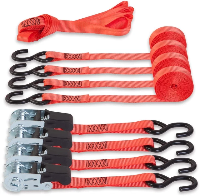 Jack Boss Ratchet Tie down Straps Set 4 Pack,1" X 15' Ratchet Straps with 4X Sof
