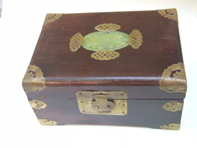 Vintage Chinese Rosewood Jewellery Box w Jade Decor on Top  Red Welvet Inlayed