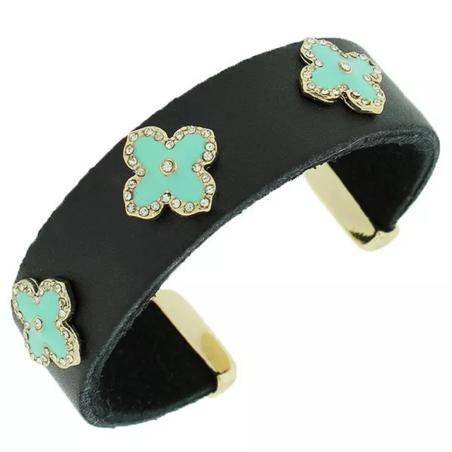 Black Leather Yellow Gold Tone Crystals Turquoise Open End Womens Cuff Bracelet