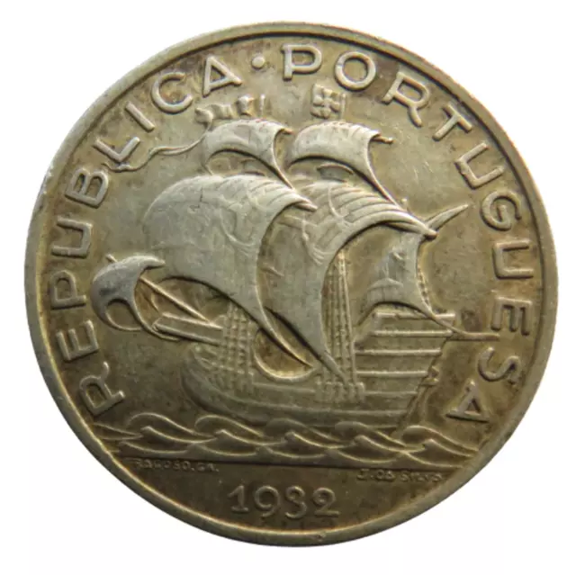 1932 Portugal 10 Escudos Silver Coin Better Grade