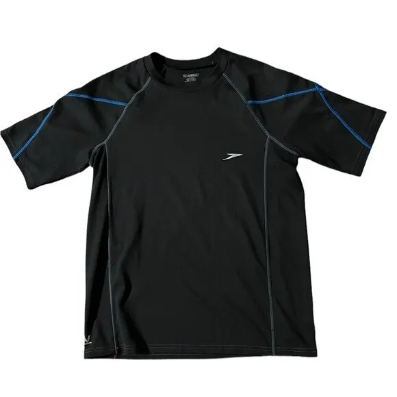 Speedo Mens Crew Neck T-Shirt UV BlockBurn Black Blue Stitching Size Medium