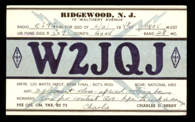 QSL Card Radio USA W2JQJ Charles D Berry 1948 Ridgewood New Jersey ≠ W831