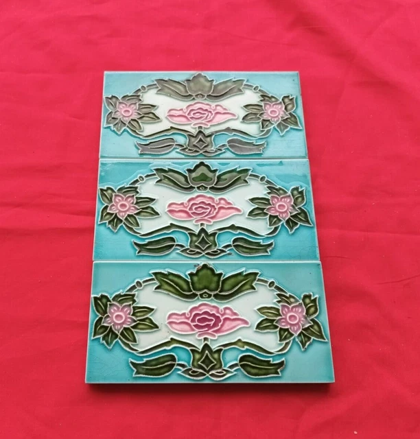 3 Piece Old Art Flower Design Embossed Majolica Ceramic Tiles Japan 0209 2