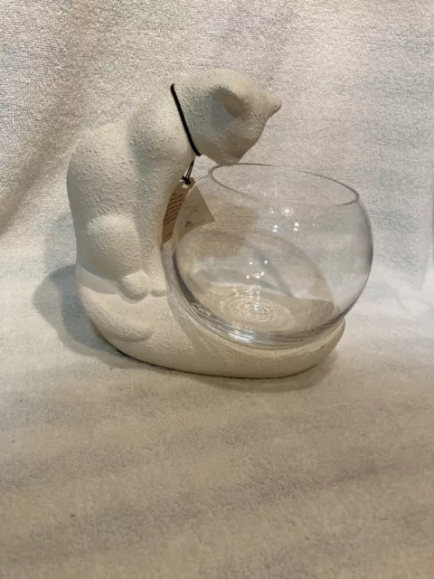 Vtg Haeger Pottery White Textured Cat Sculpture W/ Glass Fish Bowl & Mfg’s Tag