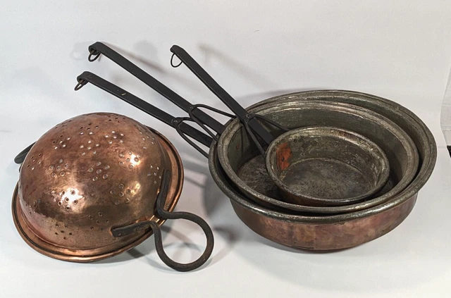 Primitive Copper Cooking Pots Pans [4pc Lot] Hand Forged with Iron Handles