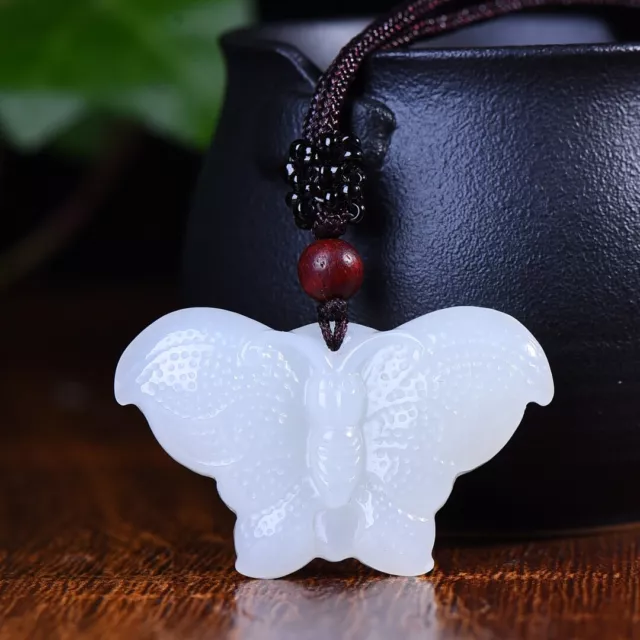 Chinese Hetian White Jade Hand Carving Two-sided Carve Animal Butterfly Pendant