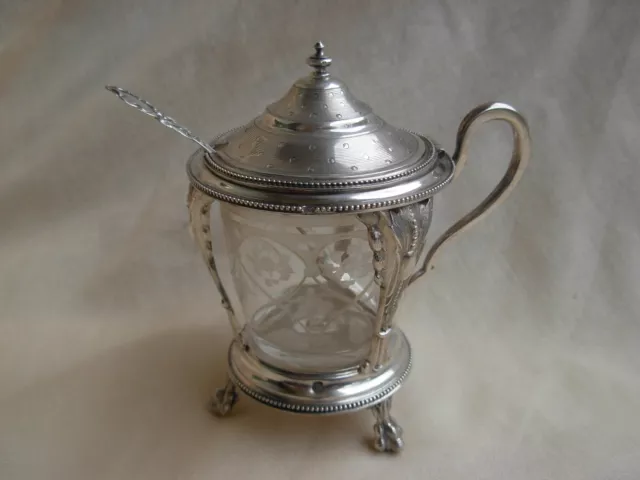 ANTIQUE FRENCH STERLING SILVER ETCHED CRYSTAL MUSTARD POT WITH SPOON,LATE 19th.