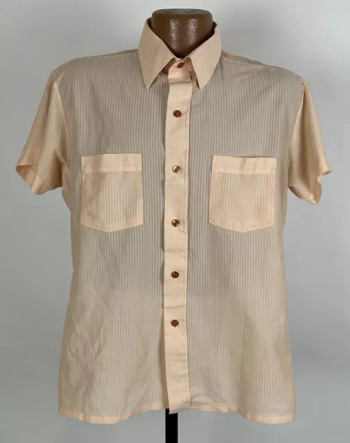 Vintage 70s JCPenney Ribbed Shirt Men L Slim Short Sleeve Peach Polyester Retro